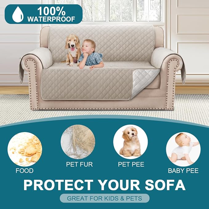Turquoize 100% Waterproof Couch Cover Sofa Covers for 2 Cushion Couch Loveseat Covers Triple Non-Slip Couch Cover for Dogs Washable Furniture Protector Cover for Pets, Kids,Dog (Loveseat 54",Pale Oak)