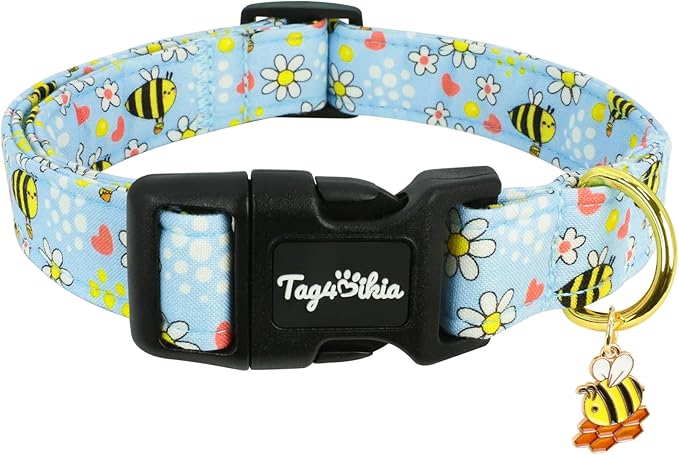 Dog Collar with Bees & Flowers Pattern, Spring Summer Collection Blue Dog Collar with Exquisite Pendant, Durable Adjustable Collars for Gifts & Daily Use-XS