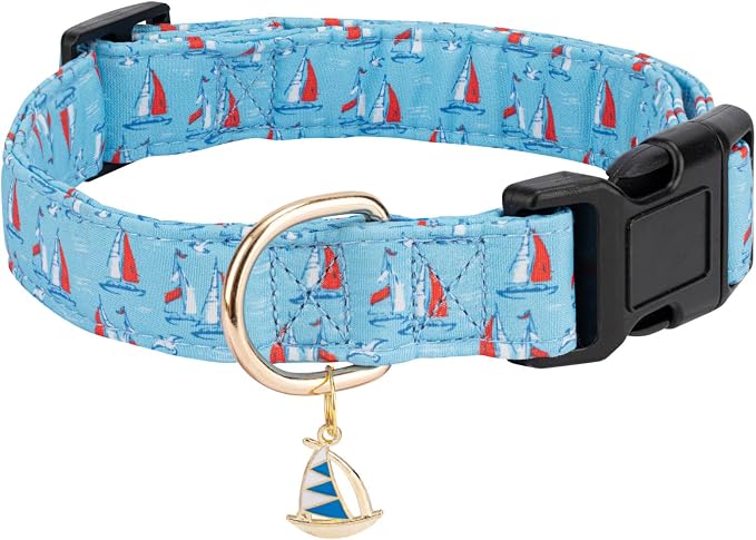 Personalized Dog Collars,Adjustable Puppy Collars with Safety Buckle for Small Medium Large Dogs,Cute and Unique Pink Cherry Pattern Pet Collar for Boy Girl Dogs. (Blue Sailboat, L)