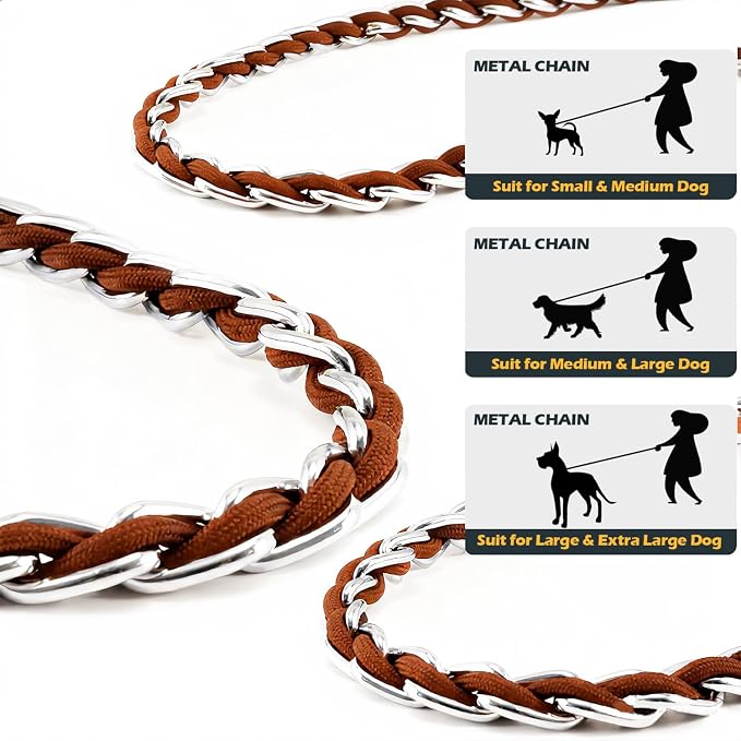 Chain Dog Leash Chew Proof Metal Leash for Medium Large Dogs, Chain Link Dog Anti Chew 5.2FT / 4FT Strong Anti Bite Comfortable Soft Padded Handle (Brown, 5.2(Small & Medium Dogs))