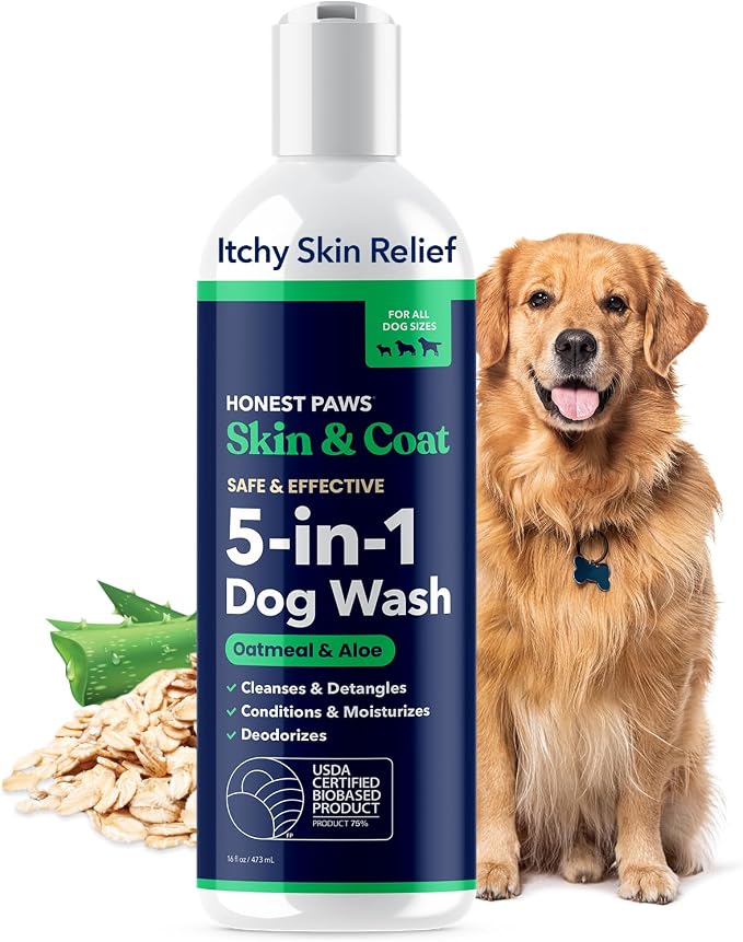 Honest Paws Dog Shampoo and Conditioner - Premium Dog Wash for Allergies and Dry, Itchy, Moisturizing for Sensitive Skin - Sulfate Free, Plant Based, All Natural - Oatmeal & Aloe -16 Fl Oz