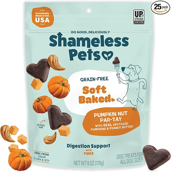 Shameless Pets Soft-Baked Dog Treats, Pumpkin Nut Partay - Natural & Healthy Dog Chews for Digestive Support with Fiber - Made in USA, Free from Grain, Corn & Soy - 1-Pack