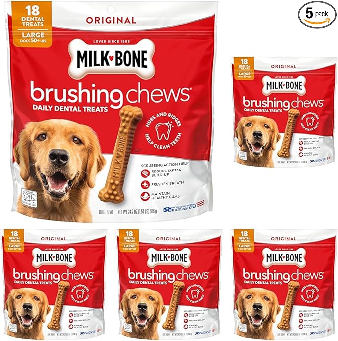 Milk-Bone Brushing Chews Original Chicken Flavor Daily Dental Dog Treats, Large, 24.2 Oz. Bag 18 Count (Pack of 5)