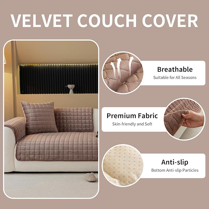 Velvet Couch Cover, Plush Sectional Sofa Cover Washable, Anti Slip Sofa Slipcover for 2-3 Cushion Sofas, Furniture Protector Covers for Pets & Kids(1PC, Dark Brown, 35.4"×63", Loveseat)