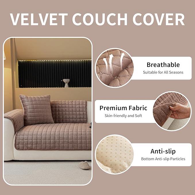 Velvet Couch Cover, Plush Sectional Sofa Cover Washable, Anti Slip Sofa Slipcover for 3 Cushions Sofas, Furniture Protector Covers for Pets & Kids(1PC, Dark Brown, 35.4"×71", 3-Seater)