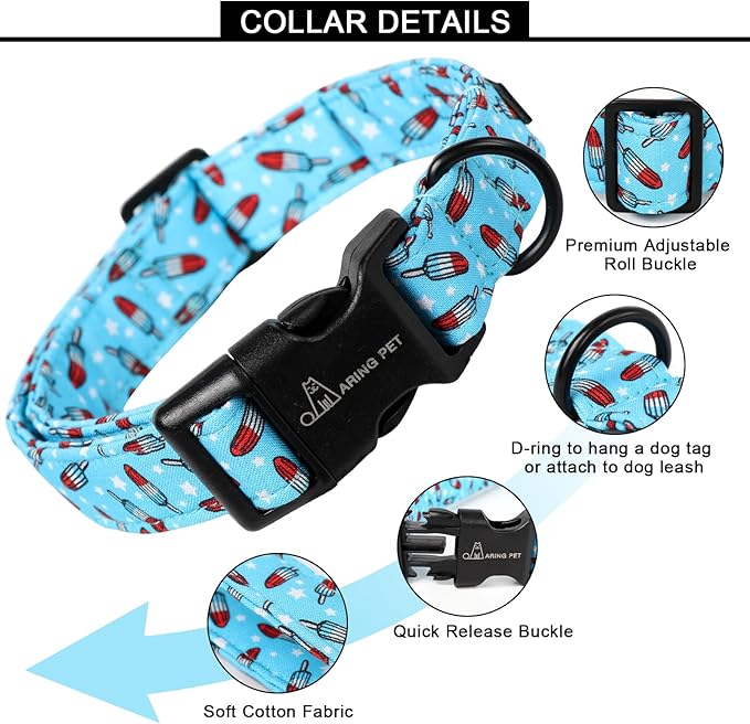 ARING PET Summer Dog Collar, Cute Blue Ice Pop Pet Collars with Quick Release Buckle for Puppy Small Medium Large Boy Girl Dogs-M