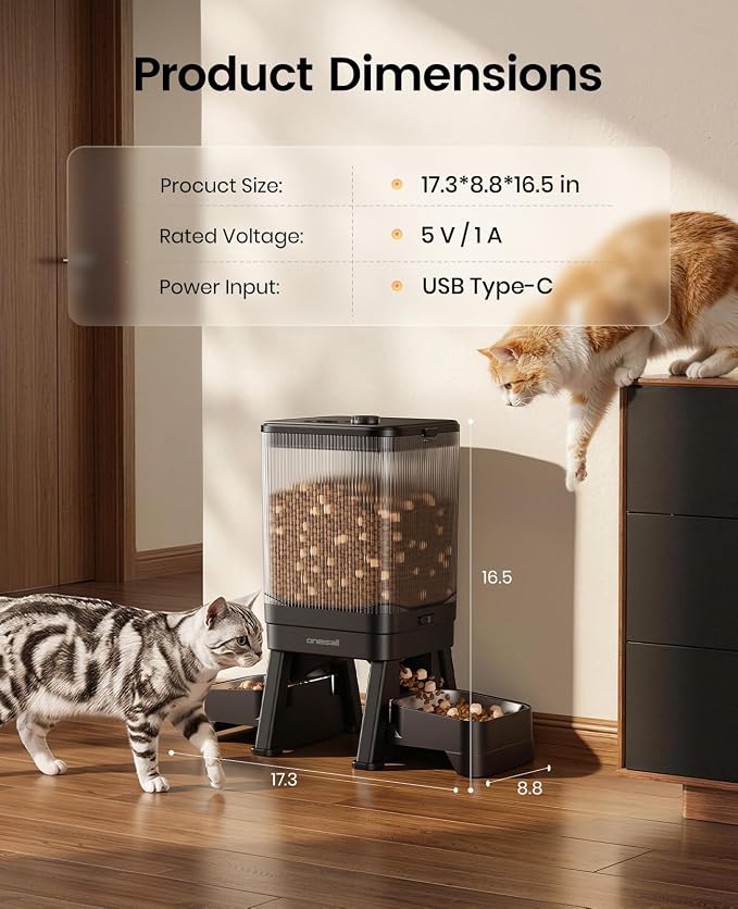 oneisall Automatic Cat Feeder for 2 Cats, 5GHz & 2.4GHz WiFi Cat Feeder with App Control, 7L/32-Cup Timed Food Dispenser with Portion Control, Dual Stainless Steel Bowls