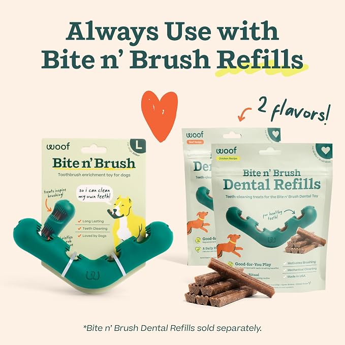 WOOF The Bite n' Brush - Dog Toothbrush Toy - Scrub Plaque and Tartar from Your Dog's Teeth and Mouth - Dog Dental Chew Toy - Large