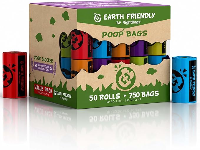 Earth Friendly Dog Poop Bags, 750 Count - Extra Thick, Leak-Proof, Lavender Scented Dog Poop Bags with Odor Blocker - Eco-Friendly, Tear-Resistant, 9x13 Inch Bags for Large & Small Dogs - 50 Rolls