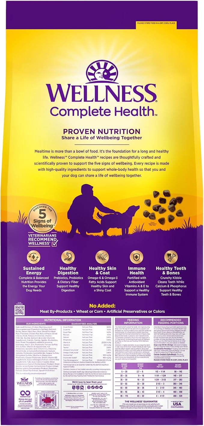 Wellness Complete Health Age Advantage Senior Dry Dog Food, Wholesome Grain Kibble, Natural, Chicken and Barley Recipe, 30 lb Bag