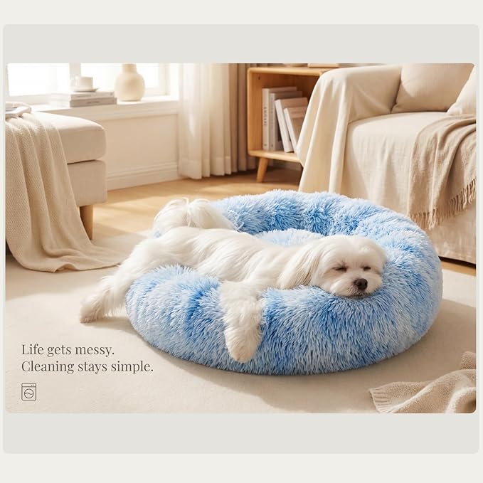 Calming Donut Dogs Beds for Small Dogs Washable,23inch Plush Round Pet Bed for Cozy Sleep,Fluffy Faux Fur Large Cat Bed,Fits up to 25 lbs Pets,Gradient Blue