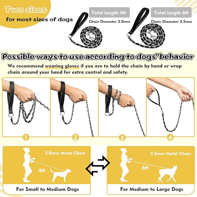 Heavy Duty Metal Dog Chain Leash with Comfortable PU Leather Padded Handle, Chew Proof for Medium Large Pooch Walking Training (6FT 3.0mm Black)