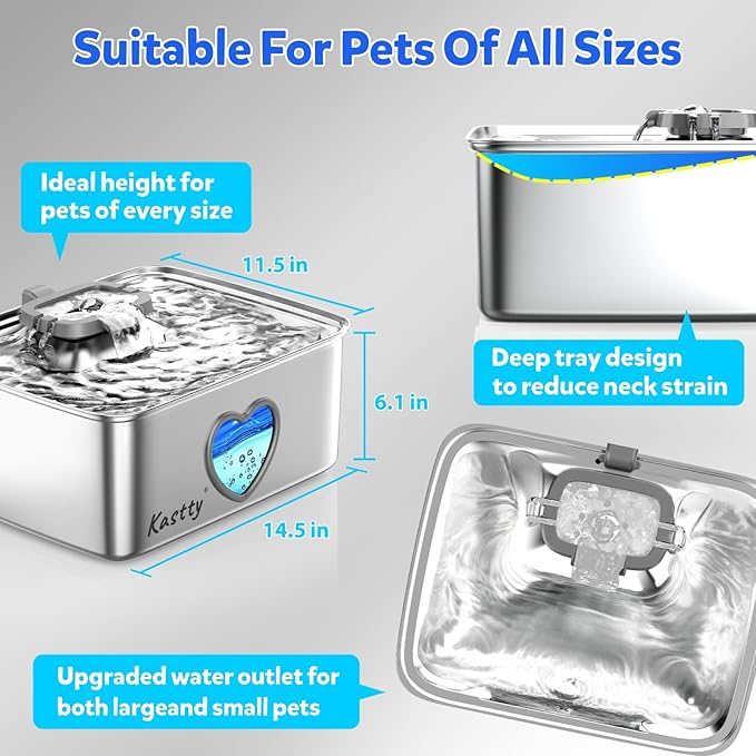 Kastty Large Dog Water Fountain, 15l/4gal Stainless Steel AUTO Pet Water Bowl Dispenser Indoor, 5-Stage Filtration, Dual-Color LED, Visual Window, Quiet, for Large Medium Dogs & Multi-Pet, FS80