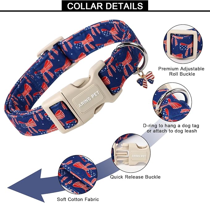 ARING PET 4th of July Collars for Dogs, Fourth of July Patriotic Bow Flag Red Blue Dog Collar for Puppy Small Medium Large Boy Girl Doggy-L