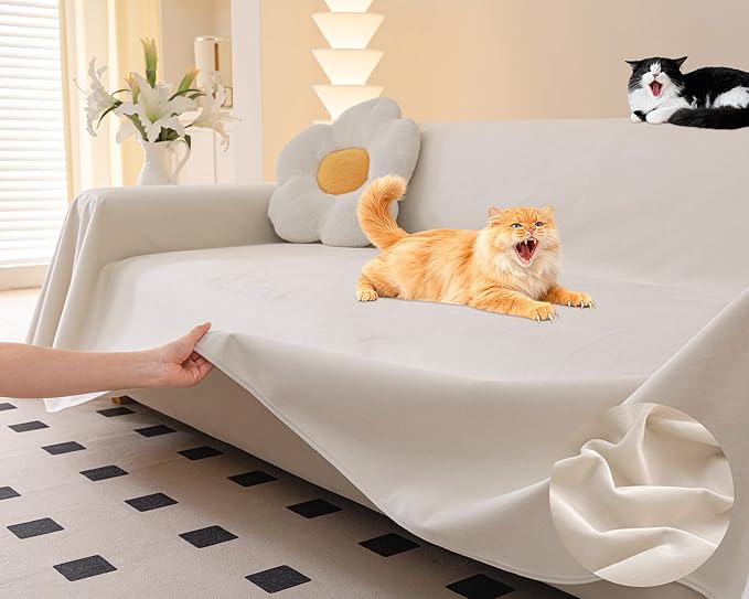 Loiion Velvet Sofa Cover, Ultra Soft Waterproof Non-Slip Couch Cover for Pets, Cat-Scratch Resistant Couch Cover, Pet & Kid Proof Scratch & Hair Resistant Washable Furniture Protector 134"X71" Beige