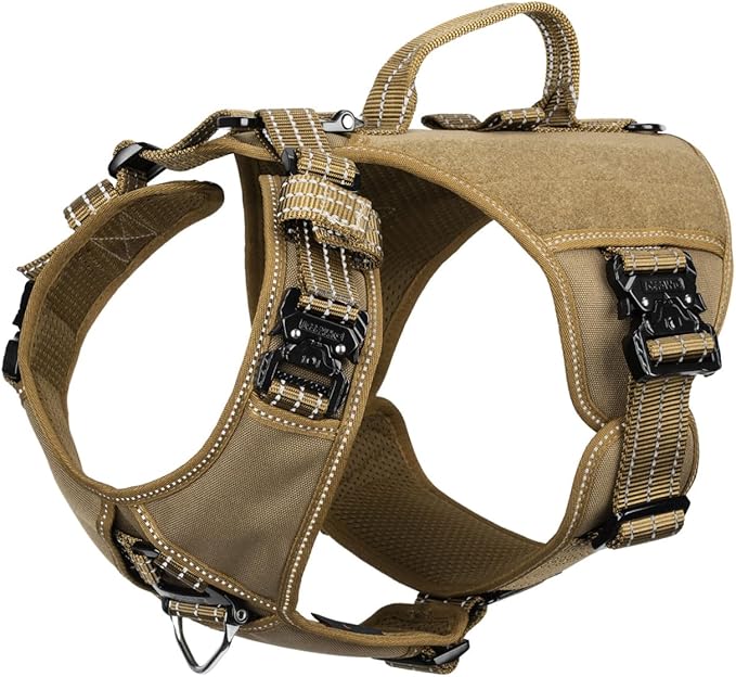 ICEFANG GN8 Tactical Dog Harness with 4X Metal Buckles for X-Large Sized Dogs,Reflective in Training Walking K9 Vest,No-Pull Front Leash Clip,Adjustable Pet Harness (Brown, X-Large (Pack of 1))