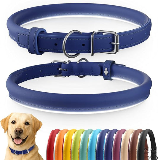 CollarDirect Reflective Rolled Leather Dog Collar, Soft Padded Round Puppy Collar, Handmade Genuine Leather Collar Dog Small Large Cat Collars 13 Colors (15-19 Inch, Deep Blue Reflective)