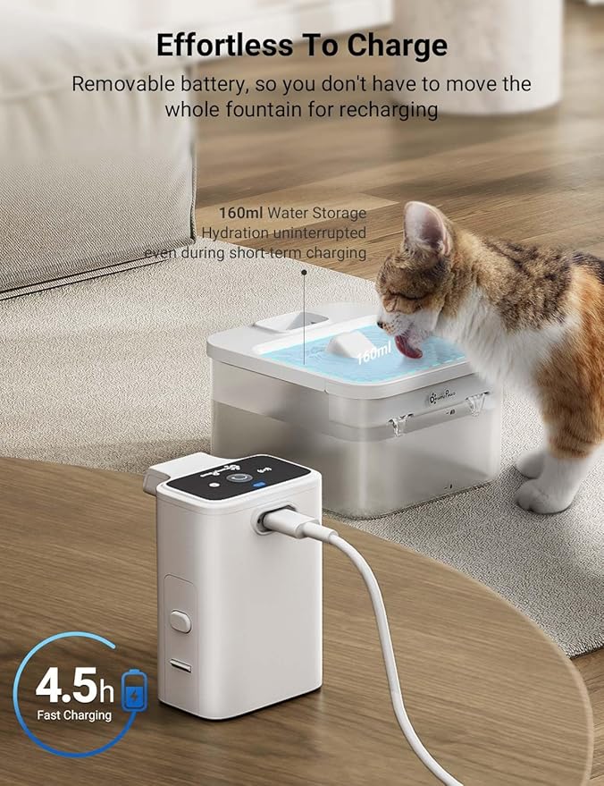 DownyPaws Cat Water Fountain Cordless, 84oz/2.5L Fursink Wireless Pet Water Fountains for Cats Indoor, Battery Operated Cat Drinking Fountain with Motion Sensor, Ultra Quiet Pump, BPA-Free, White