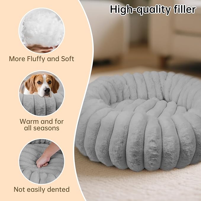 Donut Dog and Cat Bed, Luxurious Comfortable Faux Rabbit Fur Pet Beds, Round Anti-Anxiety Calming Puppy Kitten Bed with Anti-Slip Bottom for Small Medium Dogs & Cats(20", Grey)
