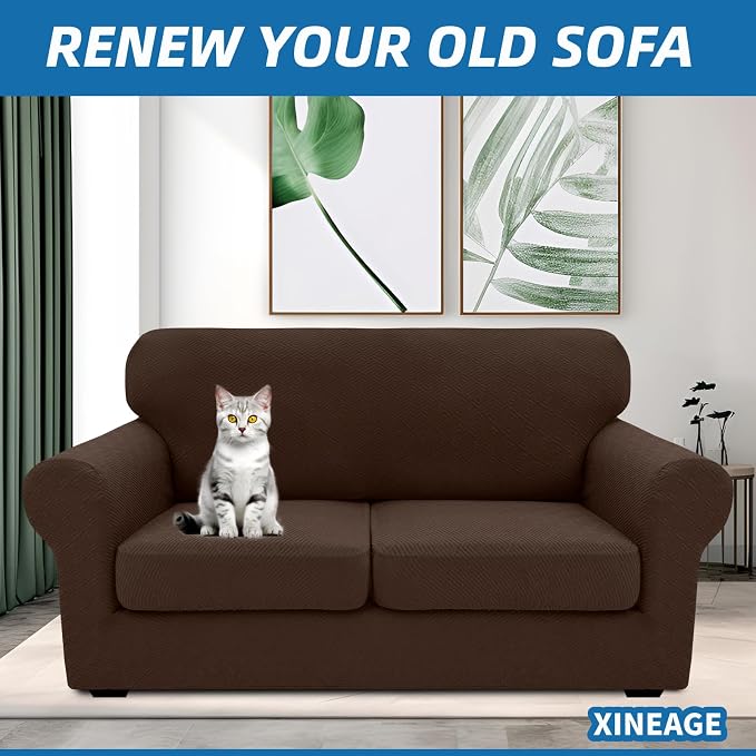 XINEAGE 2026 New 3 Pieces Couch Covers for 2 Cushion Sofa Super Stretch Loveseat Slipcover Pet Dog Universal Slip Cover Anti Slip Love Seat Furniture Protector (Coffee, 55"-69")