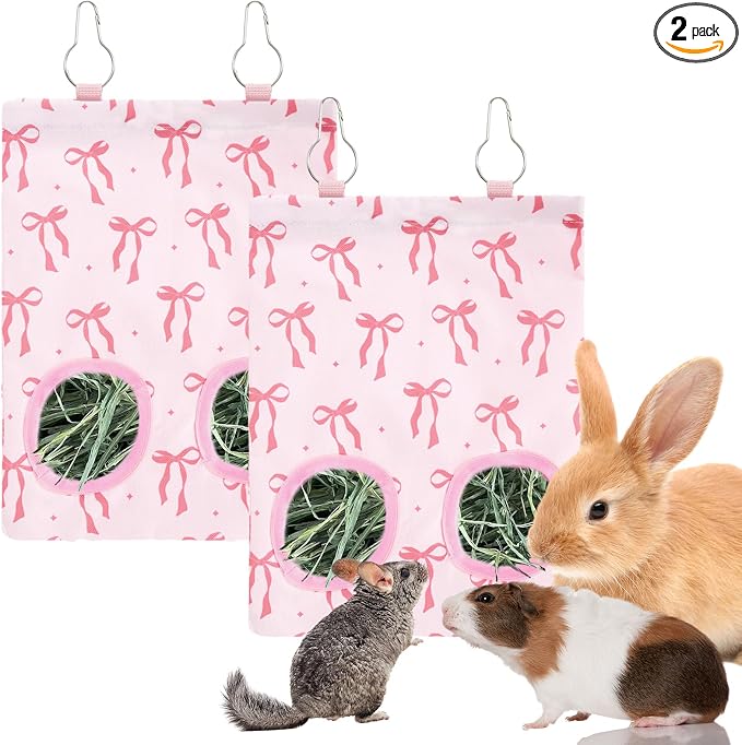 JarThenaAMCS 2Pcs Rabbit Hay Feeder Bag with 2 Holes Pink Bow Guinea Pig Hanging Hay Feeding Bag Storage Dispenser for Chinchilla Hamster Bunny Small Animal Pet