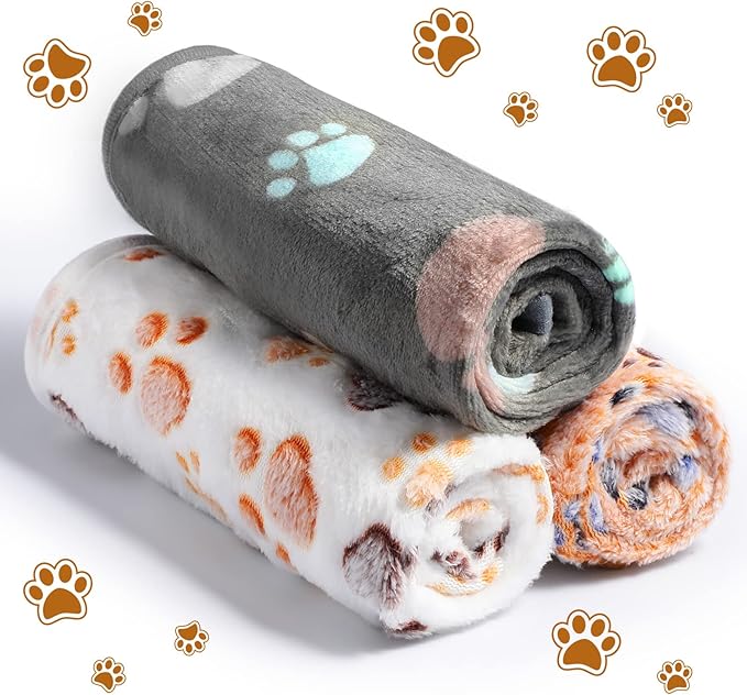 Tegeme 12 Pcs Pet Blankets 23 x 16 Inch Soft Fluffy Fleece Dog Cat Warm Paw Print Pattern Blankets Flannel Throw for Pets Dog Puppy Cat(Dark Gray, White, Camel)