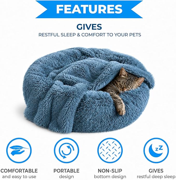 Whiskers & Friends Cat Beds for Indoor Cats, Fluffy Calming Donut Cat Bed, Small Dog Bed Washable - Orthopedic Soft Plush Pet Beds Sized for Kitten to Large Cats & Puppy to Small Dogs - Navy Grey C