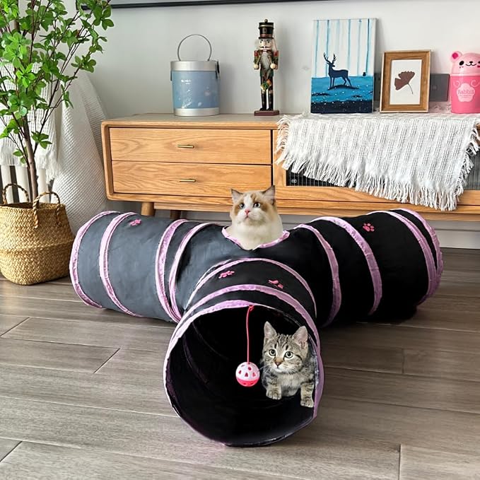 3-Way Collapsible Cat Tunnel Tube Toy Black with Pink Paws — Interactive Play Tunnel with Hanging Ball & Peek Hole for Indoor Cats, Kittens, Puppies & Rabbits | Hours of Fun & Exercise