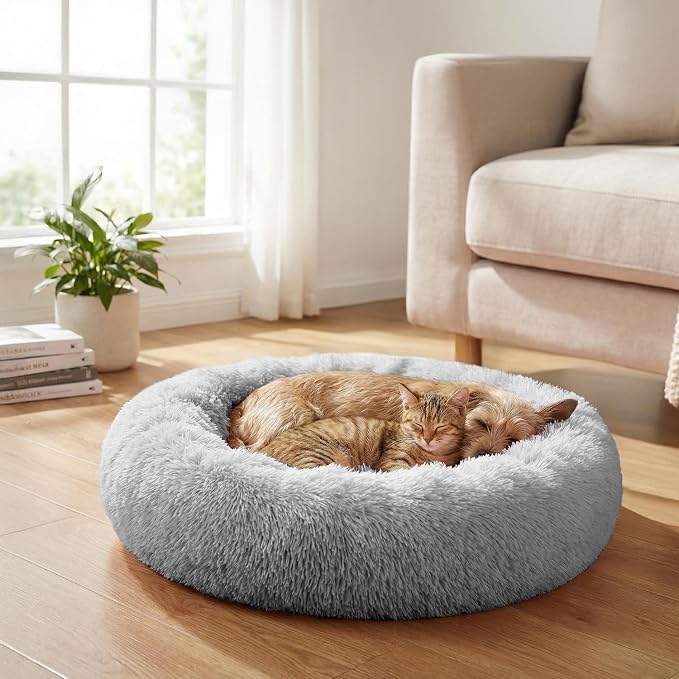 PetAmi Calming Dog Bed for Small & Medium Dogs, Cats & Puppy, Warming Round Donut Cuddler Bed, Anti-Anxiety Fluffy Shaggy Faux Fur Pet Bed, Machine Washable, Non-Slip Bottom, 30 Inch - Light Gray