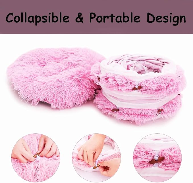 Cat Bed Tunnel Tube Toy Pink Plush Round, Collapsible Pet Tunnels for Indoor Cats, Interactive Toys Play Tubes with Hanging Ball for Kitty, Puppy, Rabbit for Fun Playtime & Exercise