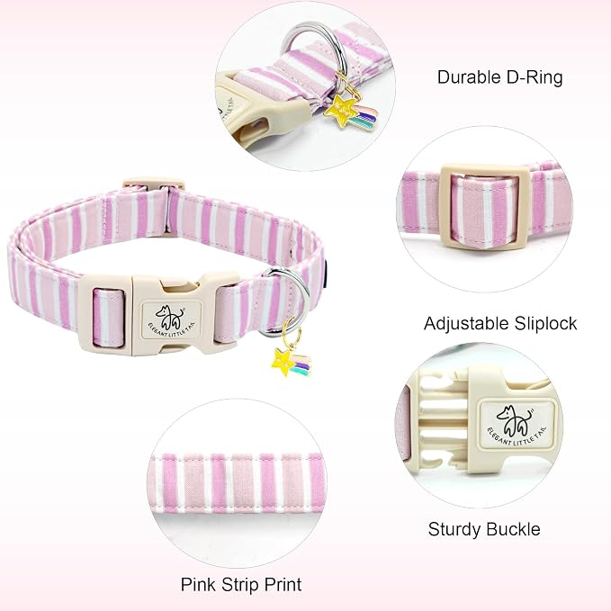 Elegant little tail Dog Collar, Cute Pink Strip Pattern Pet Collars Soft Girl or Boy Adjustable Cotton Puppy Collar with Quick Release Buckle for Medium Dogs