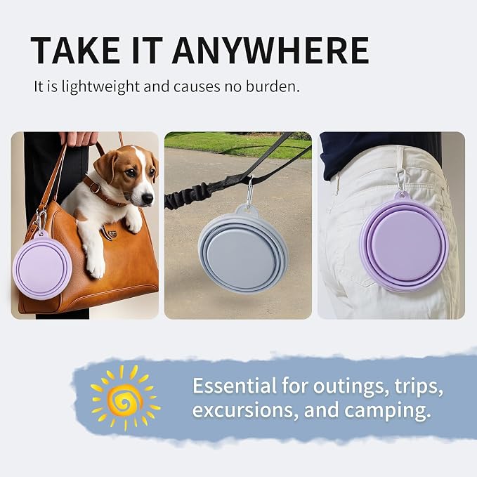 Collapsible Dog Bowls 2-Pack, Portable Travel Dog Bowl with Carabiner, Food-Grade Silicone Pet Bowl for Hiking, Walking (22 OZ Macaron Blue and Violet)