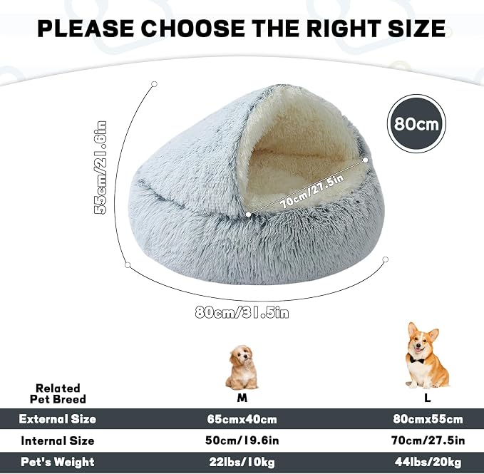 Calming Dog Bed Fluffy Plush Pet Bed Under 35 Pound，Large Cave Bed Washable Non-Slip Cat Nest Pod Windproof，Cozy Indoor Cave for Kitten Dog Non-Slip Bottom (L-31.5in)