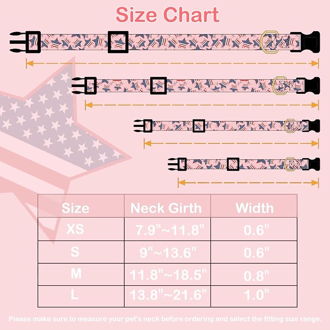 Faygarsle Cotton Dogs Collar Cute 4th of July Independence Day Dog Collars Pink Blue American Flag Star Patterns Dog Collarfor Girl Female Boy Male Small Medium Large Dogs S