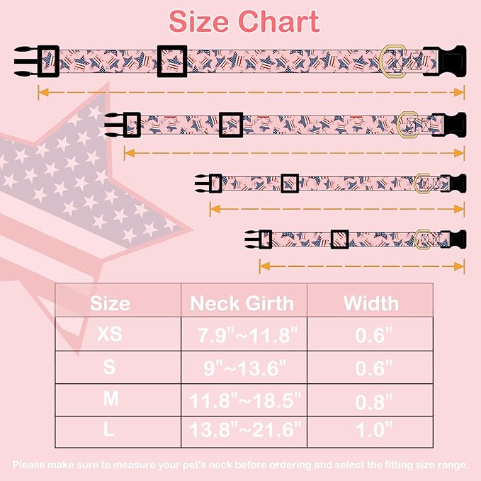 Faygarsle Cotton Dogs Collar Cute 4th of July Independence Day Dog Collars Pink Blue American Flag Star Patterns Dog Collarfor Girl Female Boy Male Small Medium Large Dogs XS