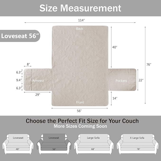 Beige Loveseat Covers for 2 Cushion Couch, Water-Repellent Covers for Sofa Couch, Machine Washable Love Seat Quilted Couch Covers, Pet Friendly Loveseat Slipcovers (Loveseat 56", Beige Cream)