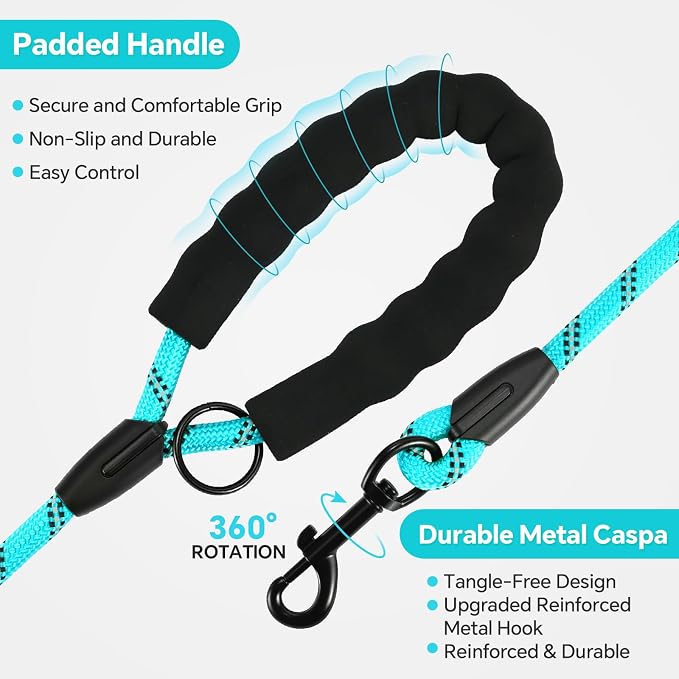 Heavy Duty Dog Leash - 4.9 FT for Large and Small Dogs - Strong Nylon, Comfortable Handle, Reflective Stitching - Ideal for Walking, Training, and Outdoor Activities, Turquoise