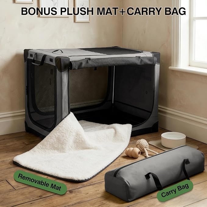 Veraste 33" L x 25" W x 25" H Collapsible Travel Dog Crate, Portable Soft Dog Kennel for Medium Large Dogs up to 60 lbs, 4-Door Foldable Travel Crate with Durable Mesh & Storage Bag, Grey
