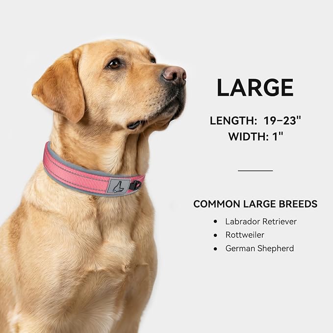 Joytale Dog Collar for Large Dogs, Neoprene Padded and Adjustable, Reflective Wide Heavy Duty Pet Collars with Durable Metal Belt Buckle for Walking, Pink, L