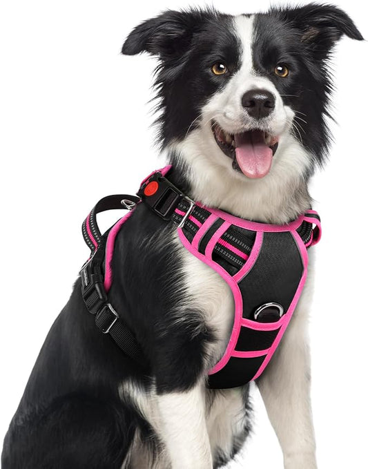 rabbitgoo Dog Harness Medium Sized, 3 Buckles Easy On & Off No Pull Pet Vest, Soft Padded Walking Pet Harness with Control Handle, Adjustable and Reflective, Black & Rose Pink, M