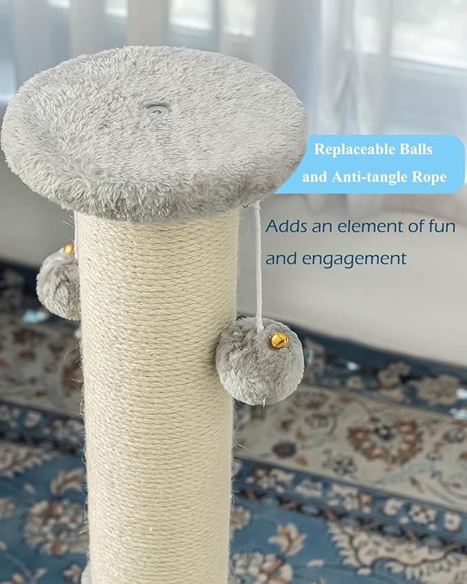 34Inch Tall Cat Scratching Post,4.3Inch Diameter Large Sisal Cat Scratch Post with Ball, Sturdy and Durable Cat Scratcher for Indoor Cats Adults Grey