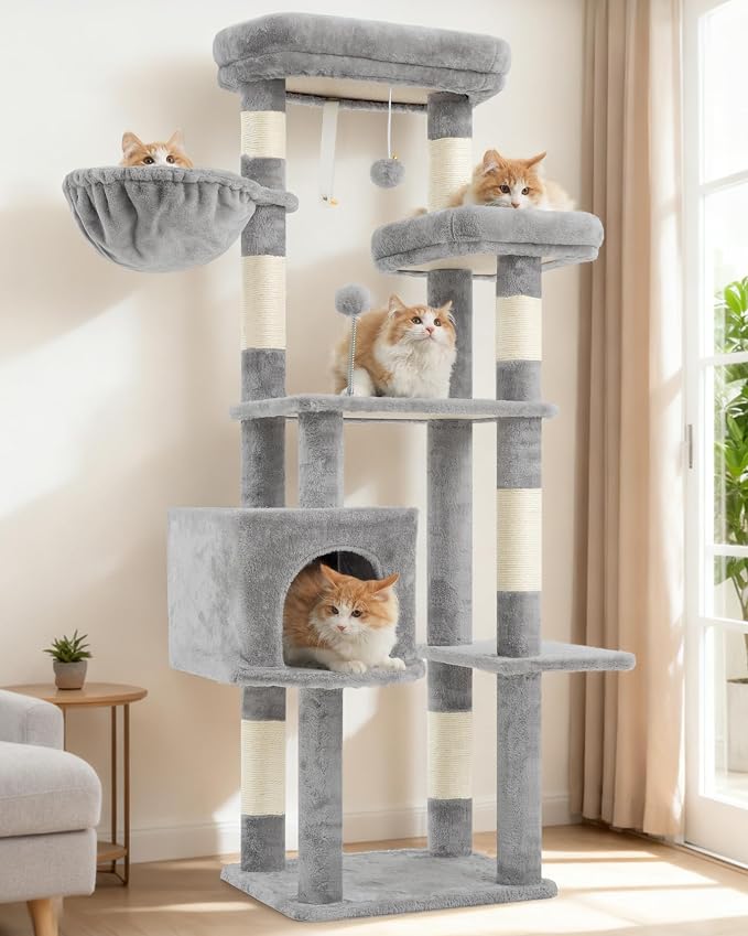 Gitelsnour Cat Tree for Indoor Cats, 55.1 inch Cat Tower with 7 Sisal Scratching Posts, Multi-level Cat Condo wit Large Play Platform Furry Ball, Cat Cave, 2 Padded Perches, Basket, Light Gray GCT013W