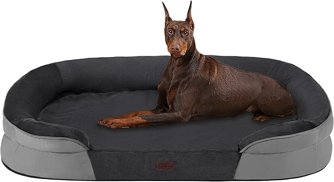 Dwanton Orthopedic Dog Bed for Extra Extra Large Dogs with Gel Memory Foam, Waterproof Dog Sofa, Washable Pet Bed with Four Sided Bolster Cushion, Removable Cover & Non-Slip Bottom, 48", Dark Grey