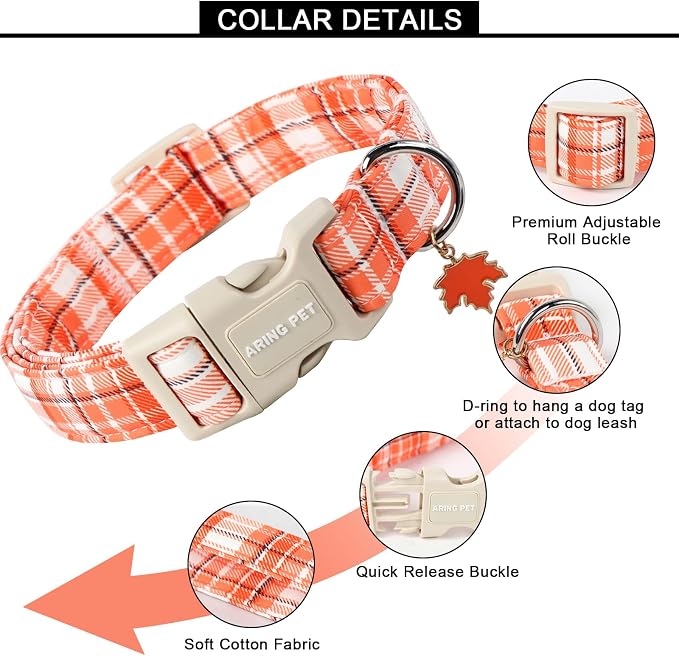 ARING PET Fall Dog Collars, Cute Orange White Plaid Halloween Autumn Pumpkin Maple Leaves Pet Collar with Quick Release Buckle for Small Medium Large Girl Boy Dogs-XS