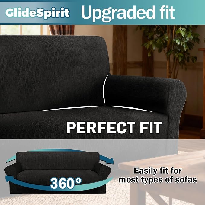 Waterproof Stretch Spandex Chair Sofa Slipcover,Washable Non-Slip Soft Couch Cover with Elastic Bottom, Leakproof Furniture Protector for Kids, Pets, Dogs & Cats (Chair, Black)