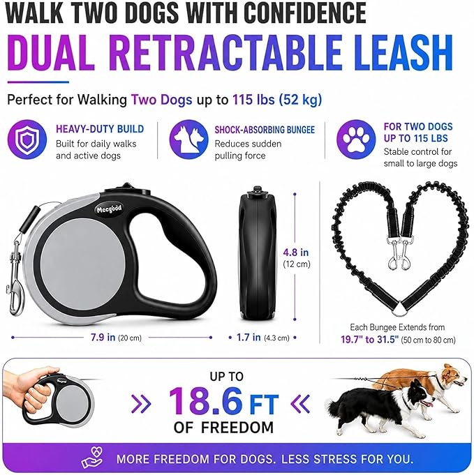 Double Retractable Dog Leash for Two Dogs Up to 50 lbs - 16 ft Coupler Leashes for Small Medium Dogs - One Locked System, Non Slip Grip, Tangle Free (Grey)