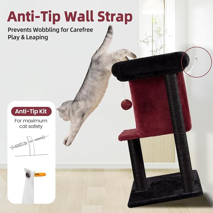 Cat Tree Tower Scratching Post for Indoor Large Cats, Small Cat Tree with Big Perch Bed, 28in Tall Trees House with Condo Cave, Toy Balls, Modern Climbing Furniture Platform for Kitten (Black)