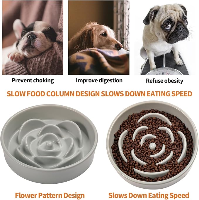 8.26 in Grey Dog Bowl Slow Feeder Ceramic for Medium and Large Breed,Pet Feeding Dog Food Water Dish Heavy Weighted,Puppy Bowl for Fast Eaters,Puzzle Slow Eating Dish Modern Maze