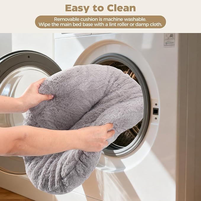 Avont Fluffy Cat Bed for Cats & Small Dogs, Cozy Plush Sleeping Nest for All Sleep Styles, Washable Removable Cushion & Anti-Slip Base, Calming Round Bed for Kittens &Puppy – Grey(M)