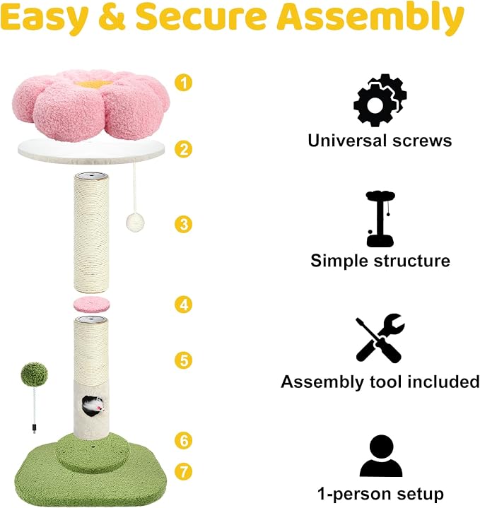 Tall Cat Scratching Post for Indoor Cats Adults, Cat Scratch Post with Sisal Rope Claw Scratcher, Solid Wood Cat Tower with Scratching Post and Cat Toys Mouse Hole, Flower Small Cat Tree (Pink Flower)